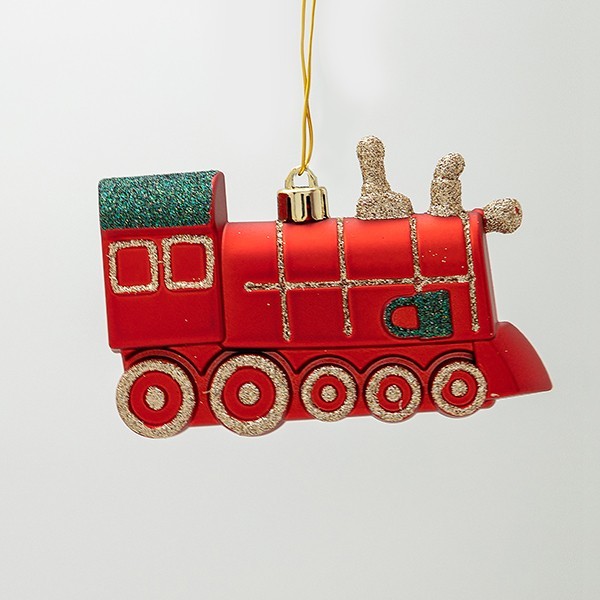 ADORNO DE PLÁSTICO, TREN ROJO CON BRILLO VERDE, JUEGO DE 2 PIEZAS, 11 CM