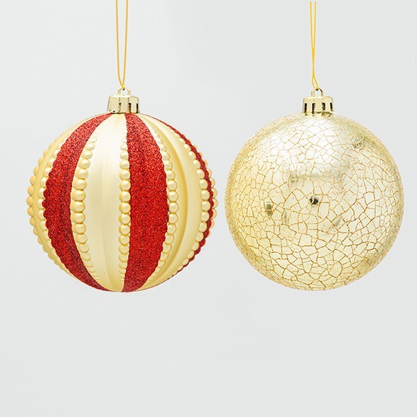 BOLA DE PLÁSTICO, ROJO ORO, 3 DISEÑOS, SET DE 4 PIEZAS, 10 CM