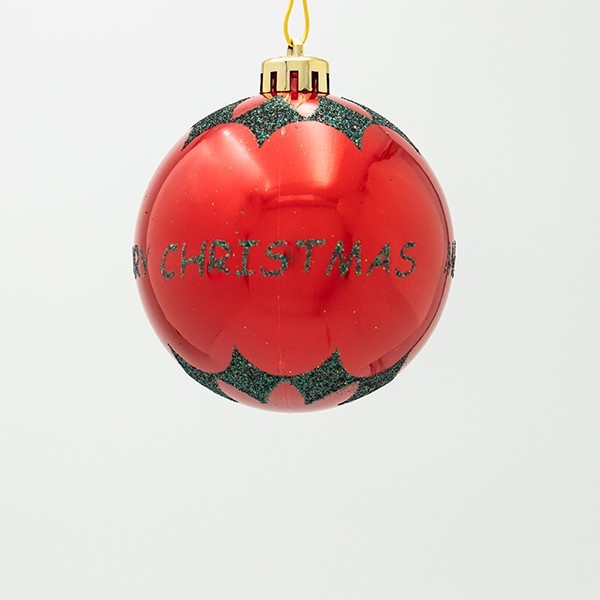 BOLA DE PLÁSTICO, ROJA, CON BRILLO FELIZ NAVIDAD, SET DE 6 PIEZAS, 8 CM