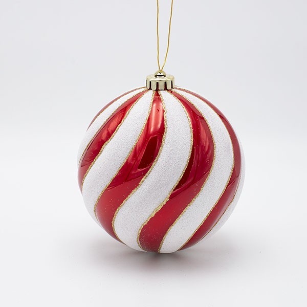 BOLA DE PLÁSTICO, ROJA CON RAYAS BLANCAS Y BRILLANTES, 2 UNIDADES, 15 CM