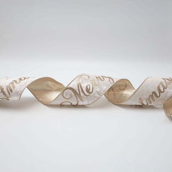 CINTA DE LUJO, TERCIOPELO BEIGE CON BRILLO FELIZ NAVIDAD, 914X10CM