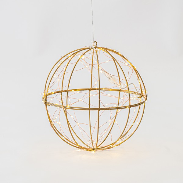 BOLA METÁLICA ILUMINADA DE 60 CM, ADAPTADOR, 480 LED BLANCO CÁLIDO, CABLE DE COBRE PLATEADO, CABLE DE 5 M, IP44