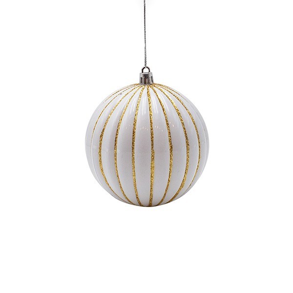 BOLA DE PLÁSTICO, BLANCA CON RAYAS DORADAS EN RELIEVE, SET DE 6 PIEZAS, 10 CM