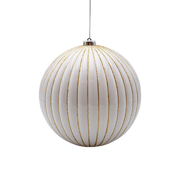 BOLA DE PLÁSTICO, BLANCA CON RAYAS DORADAS EN RELIEVE, SET DE 2 PIEZAS, 15 CM
