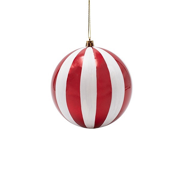 BOLA DE PLÁSTICO, PERLA ROJA CON RAYAS BLANCAS, SET DE 2 PIEZAS, 12 CM
