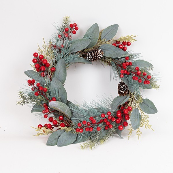 CORONA CON BAYAS DE PERLA ROJA, 48 CM