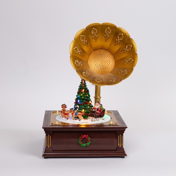 GRAMÓFONO CON ESCENA NAVIDEÑA, CON MÚSICA, MOVIMIENTO Y LUZ, CON TRANSFORMADOR, 24,5X22,5X35,5CM