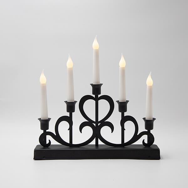 CANDELABRO DE METAL NEGRO CON TEMPORIZADOR Y PILAS, 32X5,5X30X5CM
