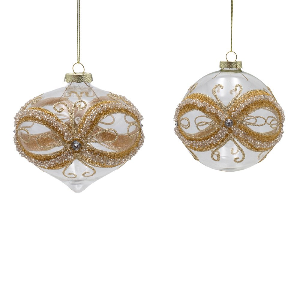 CRISTAL TRANSPARENTE BOLA CON EN RELIEVE LAZO DE DORADO CUENTAS Y PURPURINA, 2 DISEÑOS, JUEGO 4UDS, 10CM