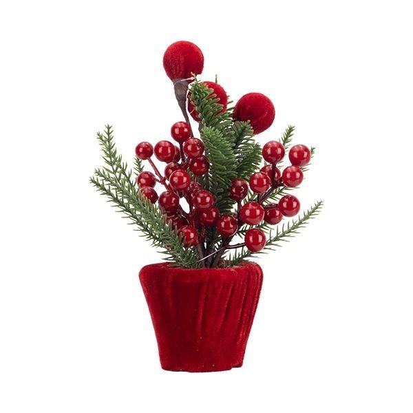 EXPOSITOR, ROJO MACETA CON TERCIOPELO BOLAS Y METÁLICO BAYAS, 6UDS, 23CM