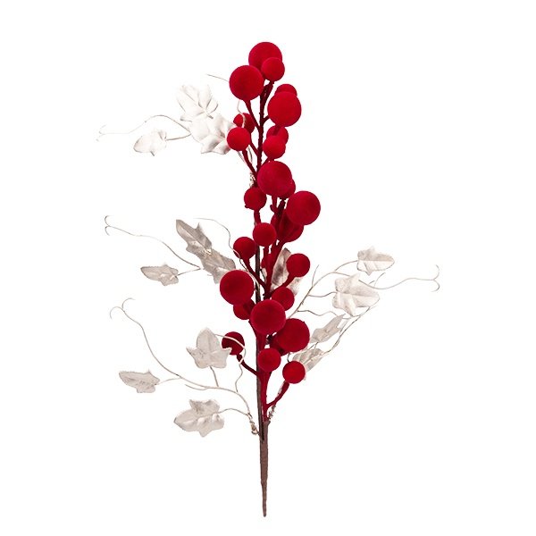 RAMA CON BOLAS DE TERCIOPELO ROJO Y PLATINO HOJAS, 65CM