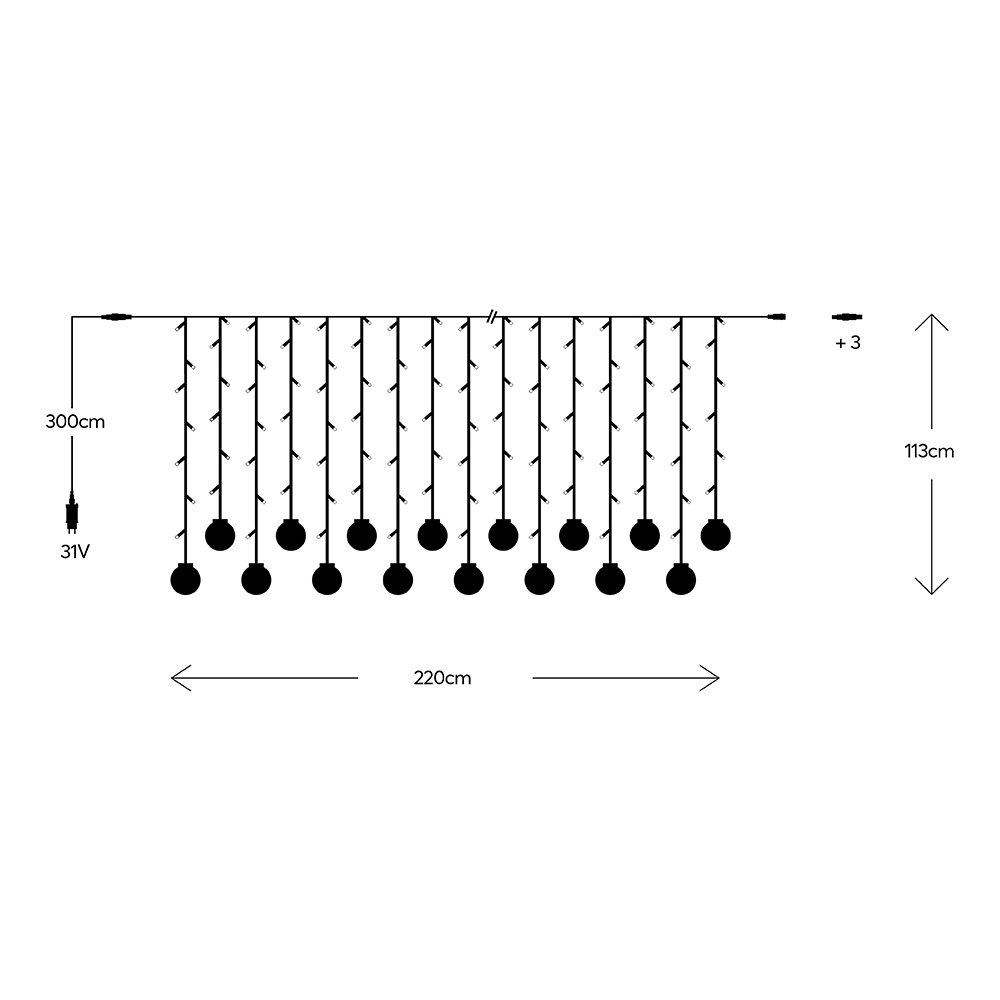 CORTINA, 120 LED 5MM CON BOLAS, 31V ADAPTADOR, 4 CONECTORES HASTA 3 JUEGO, CABLE PVC TRANSPARENTE, LED BLANCO CÁLIDO (H113 X W220CM, 10 LÍNEAS), CABLE DE ALIMENTACIÓN 3M, IP44