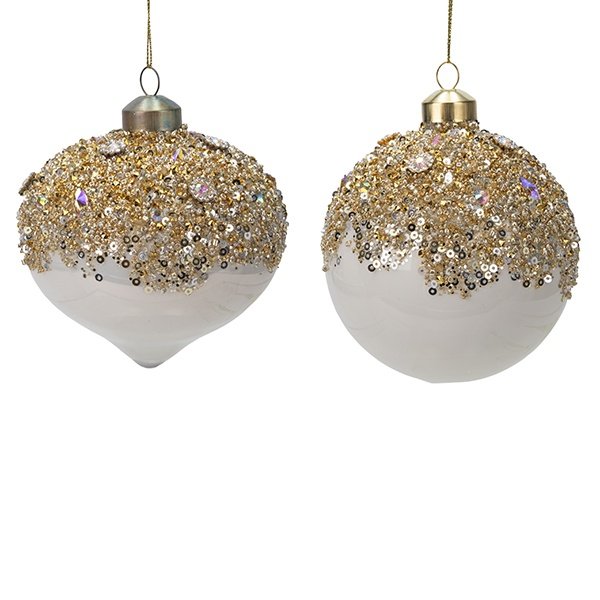BLANCO CRISTAL BOLA ESPOLVOREADO CON DORADO PURPURINA, 2 DISEÑOS, JUEGO 4UDS, 10CM