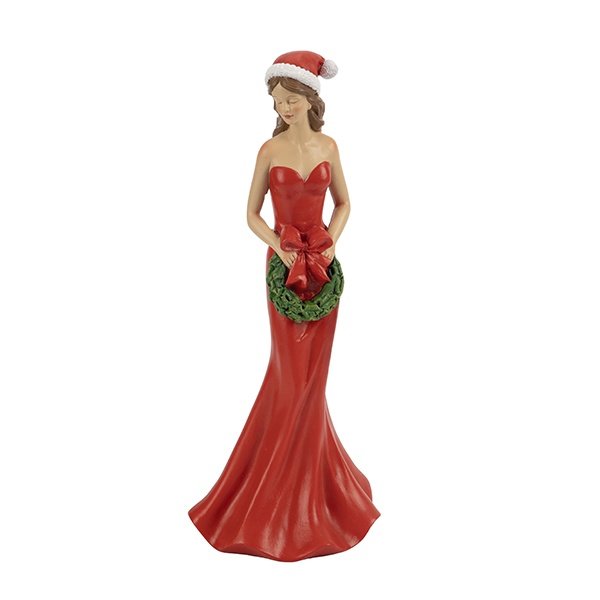 POLIRRESINA NIÑA FIGURA, CON A ROJO VESTIDO Y PAPÁ NOEL SOMBRERO, SOSTENIENDO A CORONA, 25.5CM