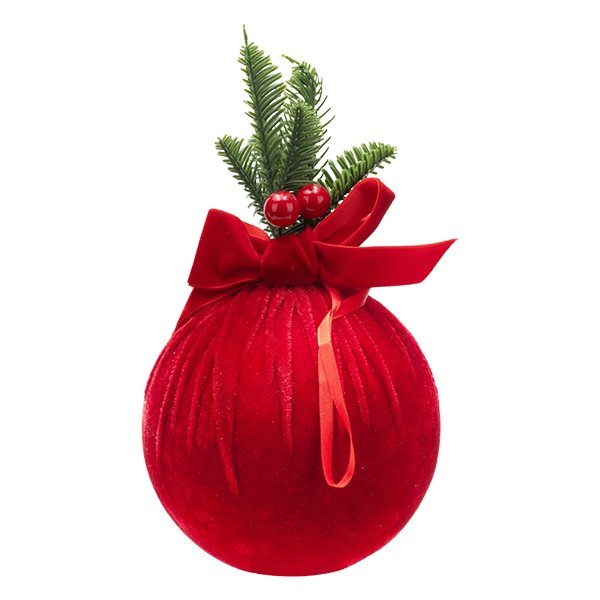 TERCIOPELO BOLA CON RAMA DE ABETO, BAYAS, Y LAZO, ROJO, 15CM