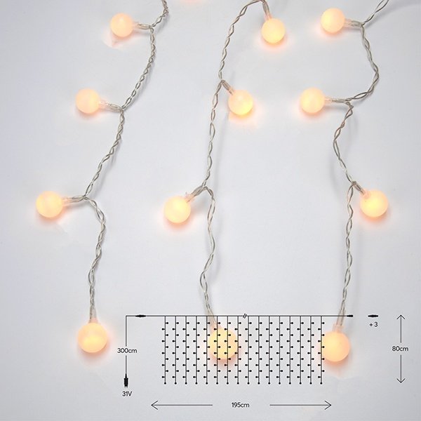 CORTINA, 112 LED 5MM CON BLANCO BOLAS Φ2CM, 31V ADAPTADOR, 4 CONECTORES HASTA 3 JUEGO, CABLE PVC TRANSPARENTE, LED BLANCO CÁLIDO (H80 X W195CM, 21 LÍNEAS), CABLE DE ALIMENTACIÓN 3M, IP44