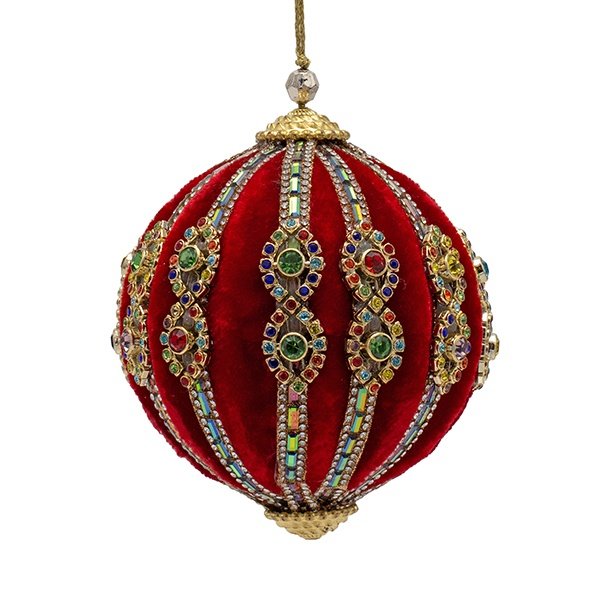 TERCIOPELO BOLA, ROJO, LUJO, CON COLORIDO PIEDRAS, 10CM
