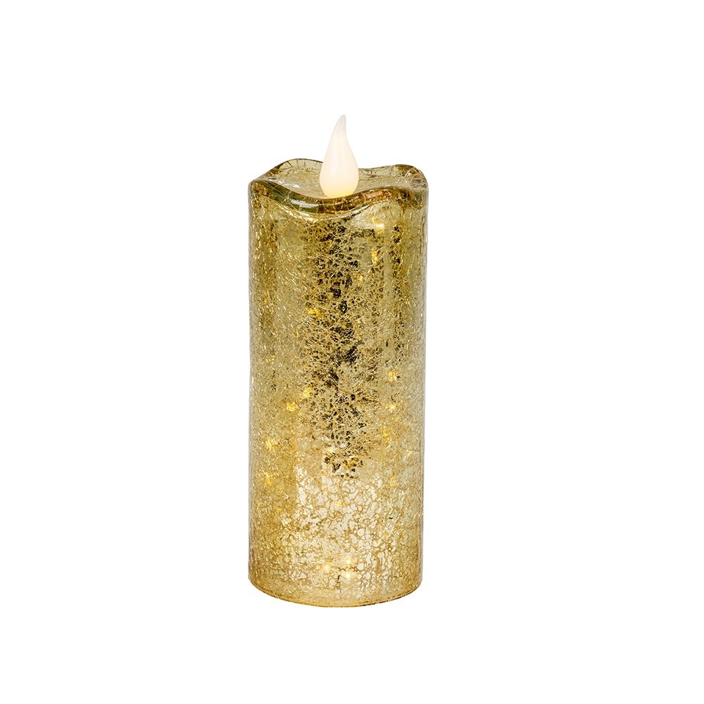VELA DE CRISTAL, DORADO CRAQUELADO, CON DOS MODOS DE ILUMINACIÓN, 9X21.3CM