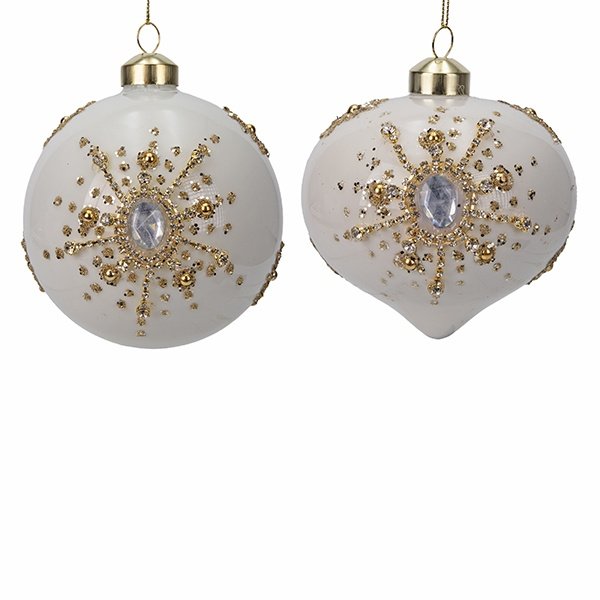 CRISTAL BOLA, PERLA BLANCO CON IMPRESIONANTE COPO DE NIEVE HECHO DE DORADO PURPURINA, 2 FORMAS, JUEGO 4UDS, 10CM