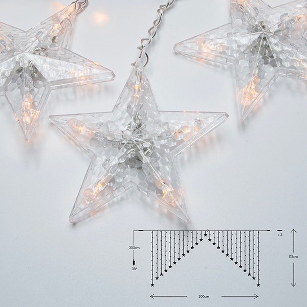 CORTINA, 236 LED 5MM CON ESTRELLAS, 31V ADAPTADOR, 4 CONECTORES HASTA 3 JUEGO, CABLE PVC TRANSPARENTE, LED BLANCO CÁLIDO (H175 X W300CM, 21 LÍNEAS), CABLE DE ALIMENTACIÓN 3M, IP44