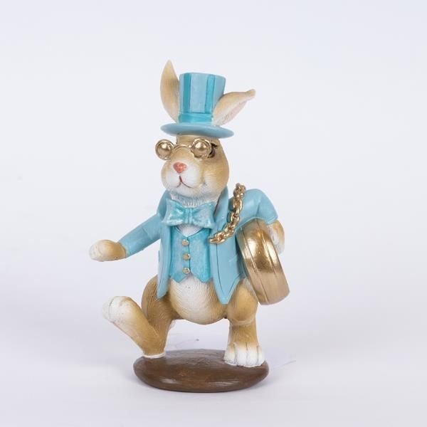 POLIRRESINA DECORATIVO CONEJO, CLARO AZUL CON DORADO RELOJ, 6.5X8.5X14CM