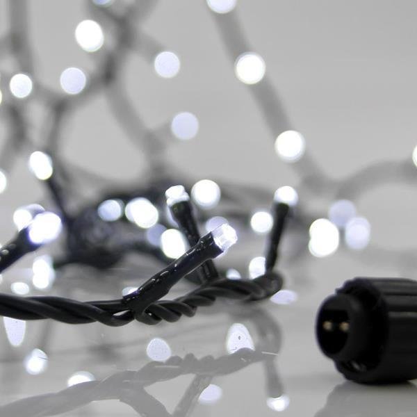 GUIRNALDA LINEAL, 100 LED 3MM, 31V ADAPTADOR, 4 CONECTORES HASTA 3 JUEGO, CABLE PVC VERDE, LED BLANCO CADA 5CM, CABLE DE ALIMENTACIÓN 3M, IP44