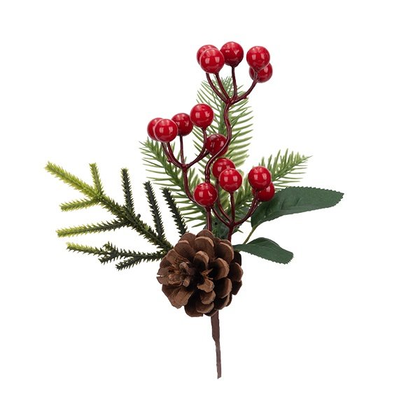 PICK DECORATIVO CON CLARO ROJO BAYA Y PINO FRUTOS SECOS, 27CM