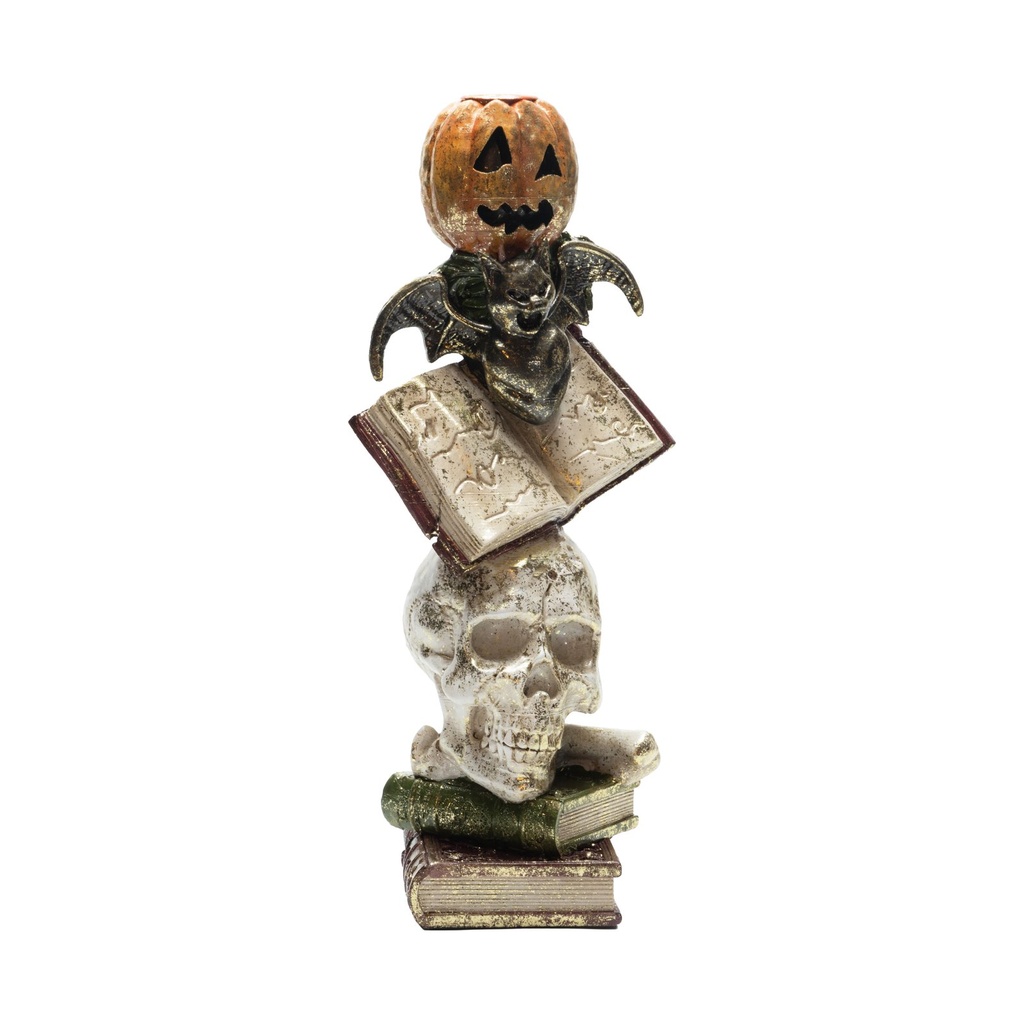 POLIRRESINA PORTAVELAS, HALLOWEEN, CON MURCIÉLAGO Y CALAVERA, 13X10.50X30.50CM