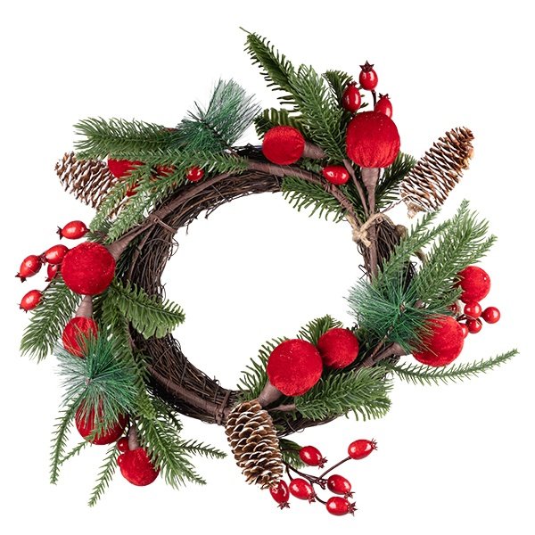 VERDE CORONA CON TERCIOPELO ROJO BOLAS, RAMAS CON ARÁNDANOS ROJOS, Y CUBIERTAS DE NIEVE PIÑAS, 30CM