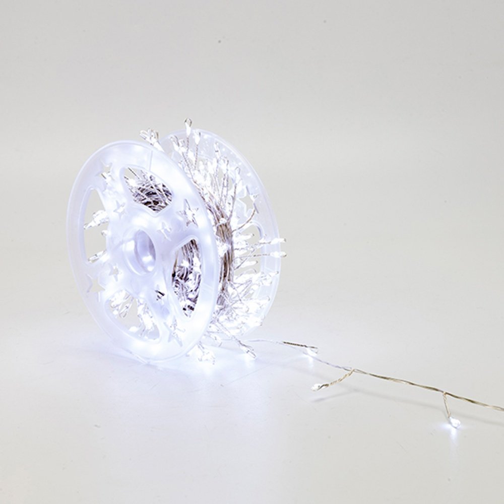 RACIMO 20M, 400 MINI LED, ADAPTADOR, 8 M/H Y MEMORIA, HILO DE COBRE PLATEADO, LED BLANCO, CABLE DE ALIMENTACIÓN 3M, IP44 (ROLLO PAQUETE)