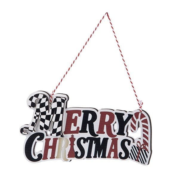 COLGANTE MADERA ADORNO, "FELIZ NAVIDAD", BLANCO, ROJO, Y NEGRO, 12X15X23CM