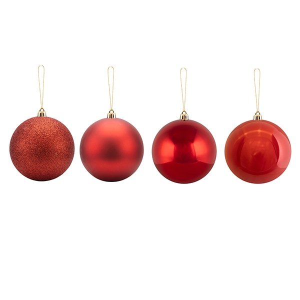PLÁSTICO BOLA, ROJO, BRILLANTE/MATE/PURPURINA/PERLA, EN CARTÓN ESTUCHE CON CUERDA ASA, JUEGO 12UDS, 10CM