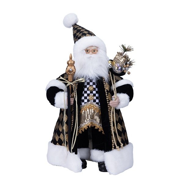 PAPÁ NOEL CON LUJO ABRIGO EN NEGRO, BLANCO Y DORADO DIAMANTE PATRÓN, 45CM