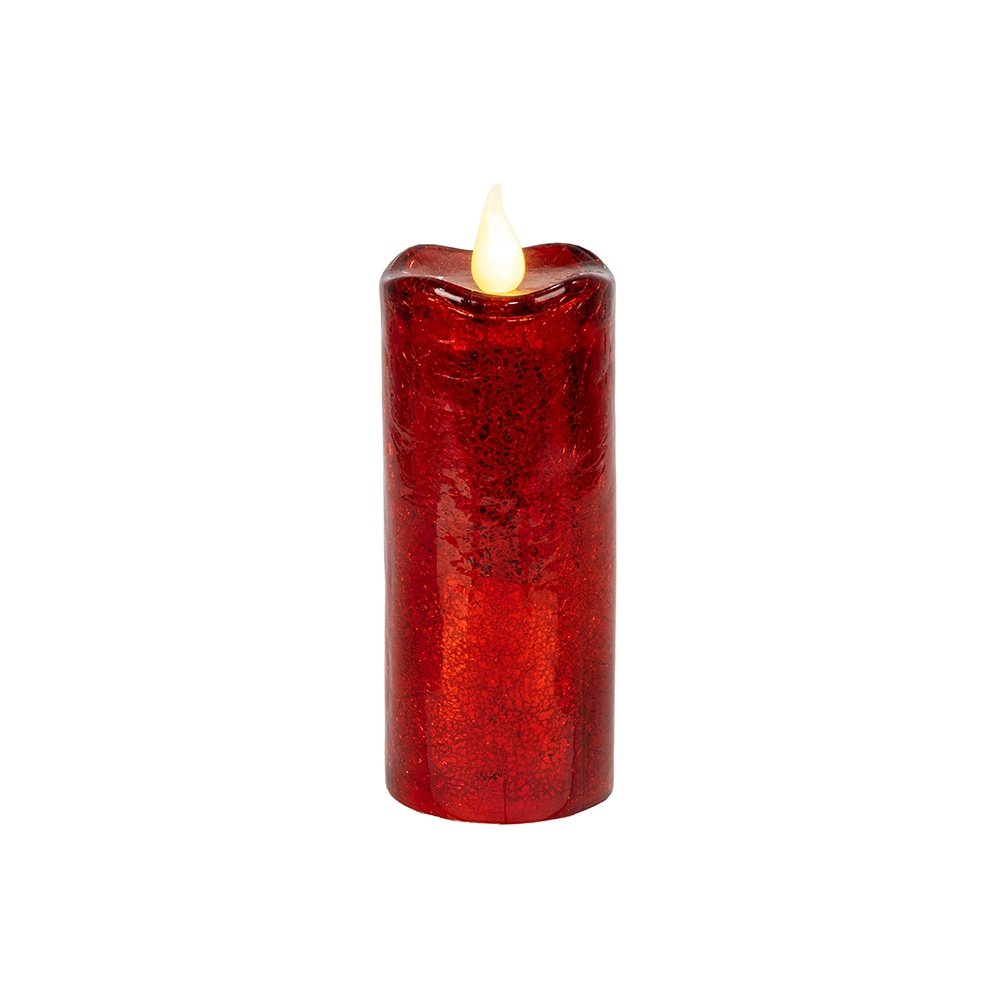 VELA DE CRISTAL, ROJO CRAQUELADO, CON DOS MODOS DE ILUMINACIÓN, 9X15.3CM