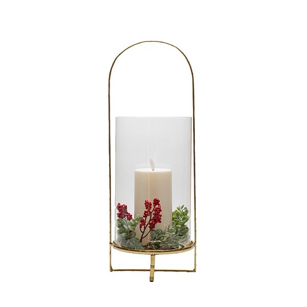 DECORADO FAROL, DORADO, CON BAYAS, CON PILAS VELA, 17X16X46CM