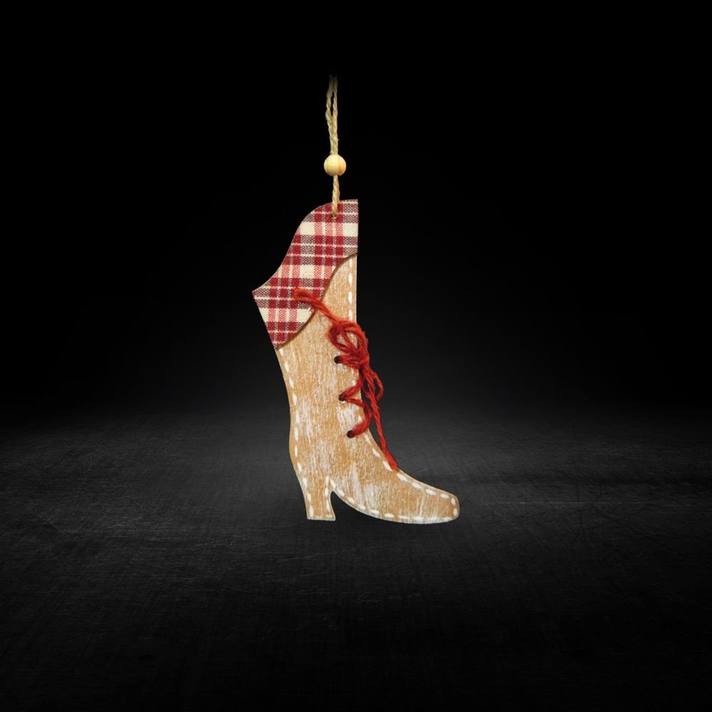 MADERA BOTA CON ROJO DE CUADROS TEJIDO, 15.5CM.