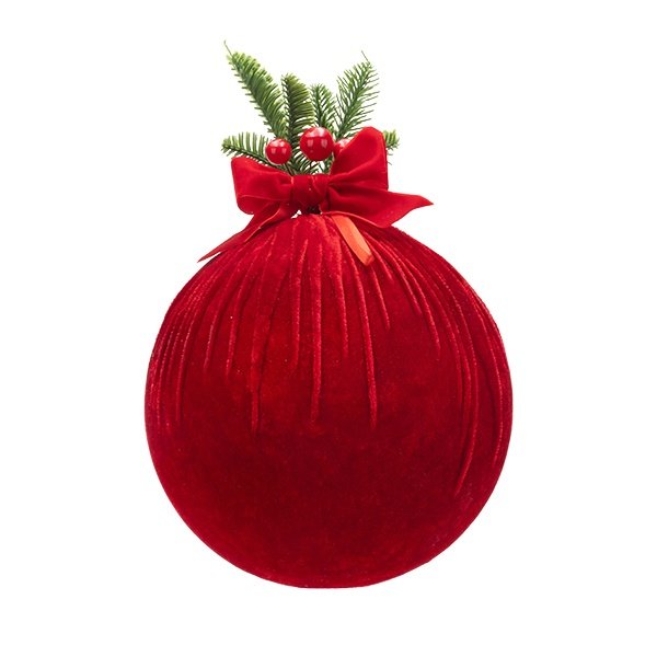 TERCIOPELO BOLA CON RAMA DE ABETO, BAYAS, Y LAZO, ROJO, 26CM