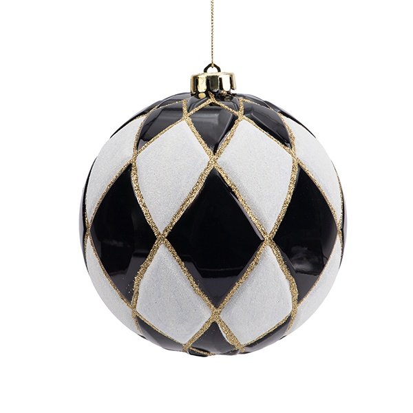 PLÁSTICO BOLA CON ROMBOS, NEGRO Y BLANCO CON DORADO RAYAS, JUEGO 2UDS, 15CM