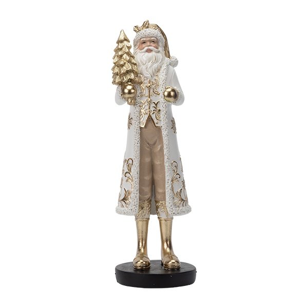 PAPÁ NOEL, BLANCO CON DORADO DETALLES Y DORADO ÁRBOL, POLIRRESINA, 8.5X9XX27CM