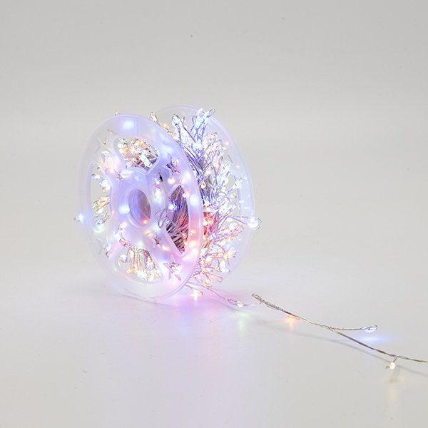 RACIMO 20M, 400 MINI LED, ADAPTADOR, 8 M/H Y MEMORIA, HILO DE COBRE PLATEADO, MULTICOLOR COLOR LED, CABLE DE ALIMENTACIÓN 3M, IP44 (ROLLO PAQUETE)