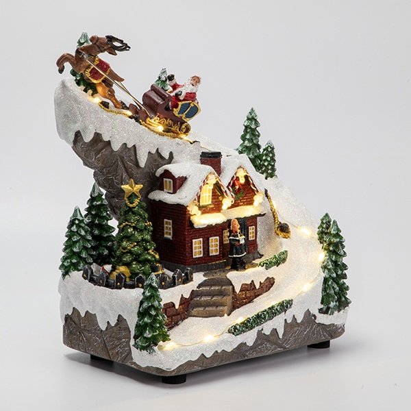 NAVIDAD CHALET CON PAPÁ NOEL Y TRINEO, CON MÚSICA Y MOVIMIENTO, A PILAS, 17.5X11.5X27CM