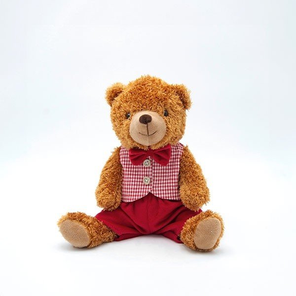 OSO DE PELUCHE SENTADO CON CHALECO ROSA DE CUADROS, 23CM