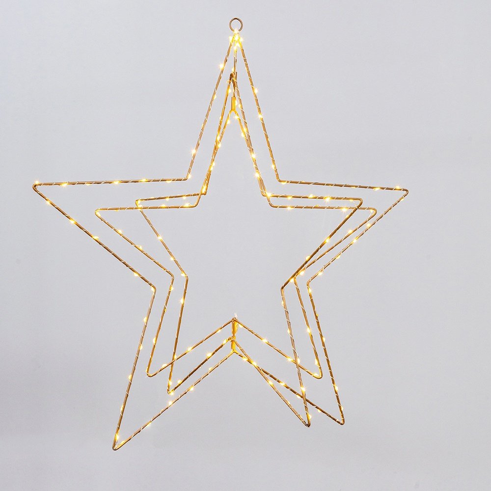 TRIPLE ILUMINADO ESTRELLA 60CM, 150 MINI LED, ADAPTADOR, TEMPORIZADOR, CHAMPÁN ESTRUCTURA METÁLICA, HILO DE COBRE PLATEADO, LED BLANCO CÁLIDO & LED BLANCO CÁLIDO INTERMITENTE, CABLE DE ALIMENTACIÓN 3M, IP44