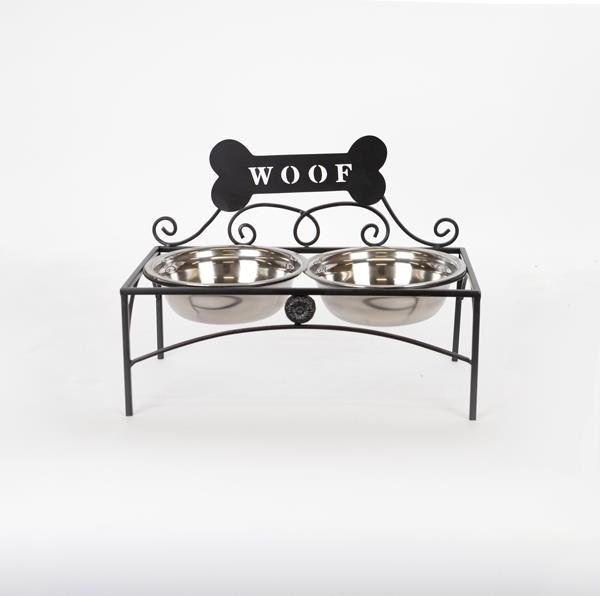 PERRO COMEDERO (CON 2 CUENCOS 18CM) METAL NEGRO - PLATEADO 35X18.5X43CM