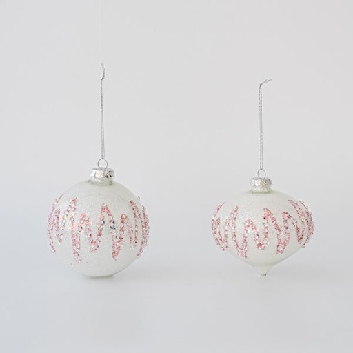 [600-45748] BOLA DE VIDRIO BLANCA CON DISEÑOS BRILLANTES, 2 FORMAS, SET 4UNDS, 10cm