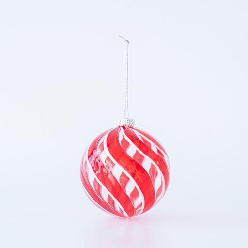 [600-45732] BOLA DE CRISTAL TRANSPARENTE CON LINEAS ROJAS Y BLANCAS, SET 4UNDS, 10cm