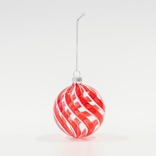 [600-45731] BOLA DE CRISTAL TRANSPARENTE CON LINEAS ROJAS Y BLANCAS, SET 4UNDS, 8cm