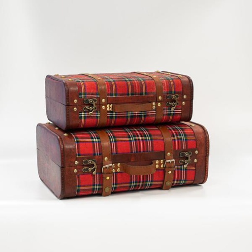 [600-45728] MALETA DE TELA CUADROS ROJOS SET 2 UD, 42x28,3x17,5cm Y 36x22,5x13,2cm