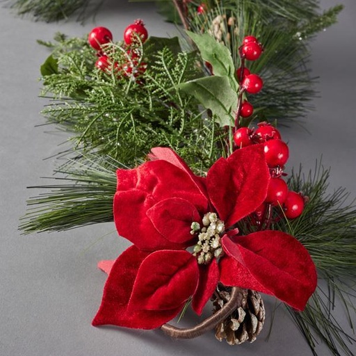 [600-45663] RAMA CON HOJAS DE FLORES ROJAS Y PIÑAS, 150cm