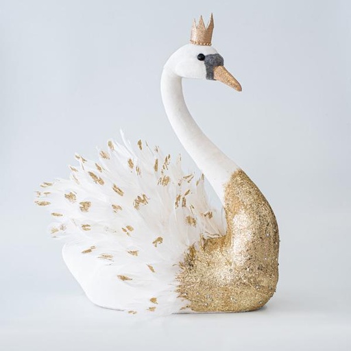 [600-45575] CISNE DE TERCIOPELO BLANCO CON BRILLO DORADO, 50cm